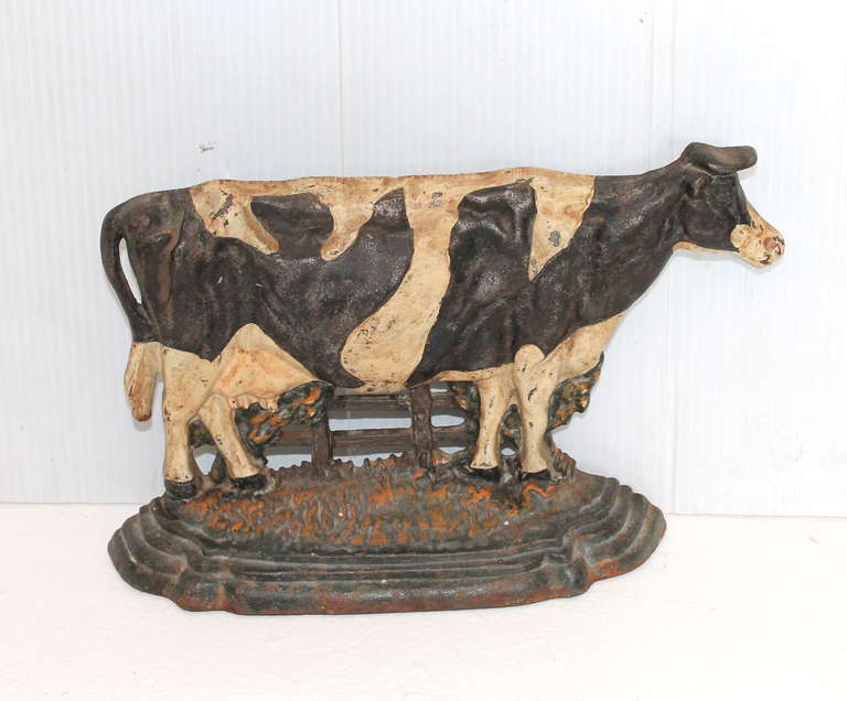 American Early 20Th Century Original Painted Iron  Cow Door Stop