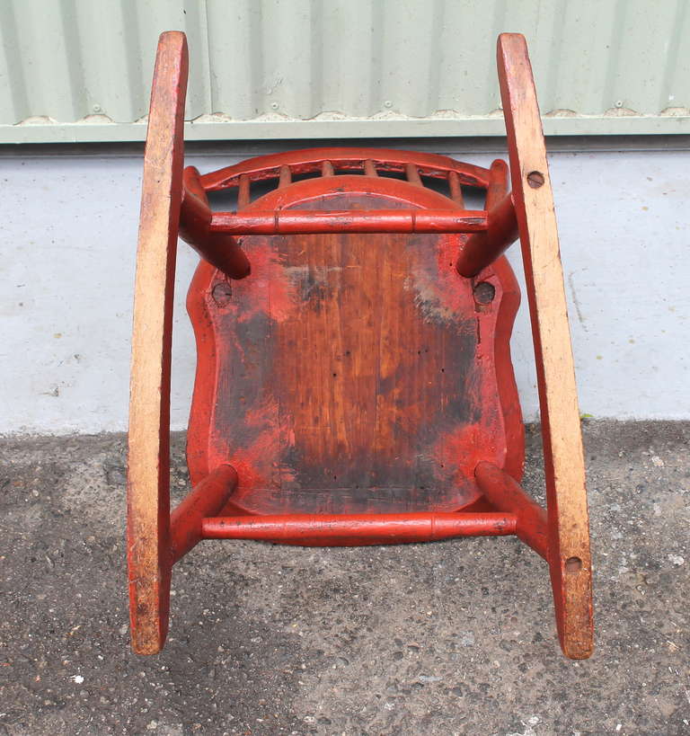 19th Century Original Salmon Painted Windsor Rocking Chair For Sale 1