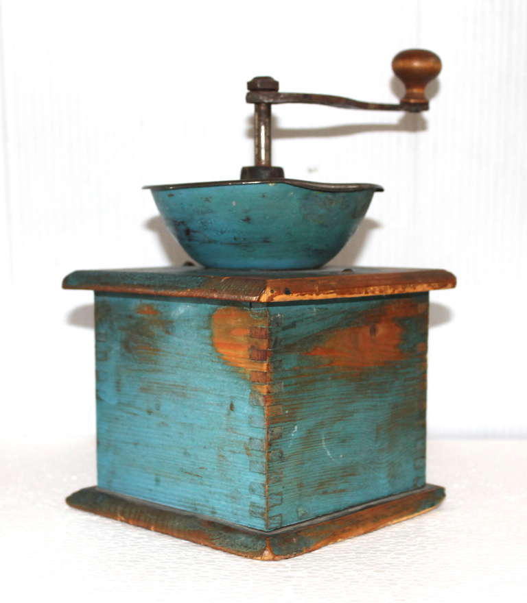 19th Century 19thC Original Blue Painted Coffee Grinder
