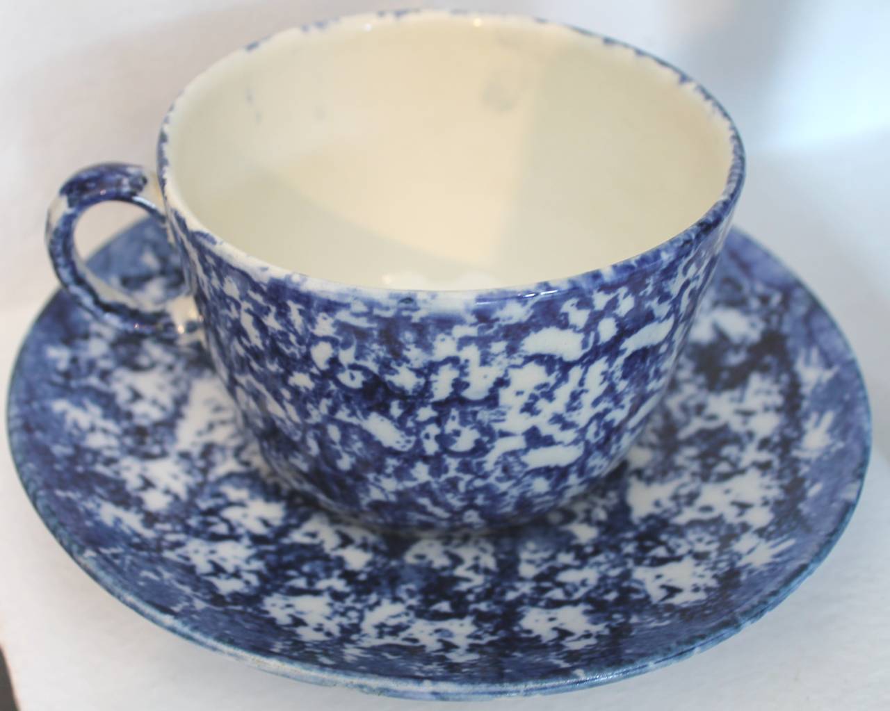 2 Vintage Pottery Blue & White Spongeware Stoneware Coffee Mug Cup Saucer USA 