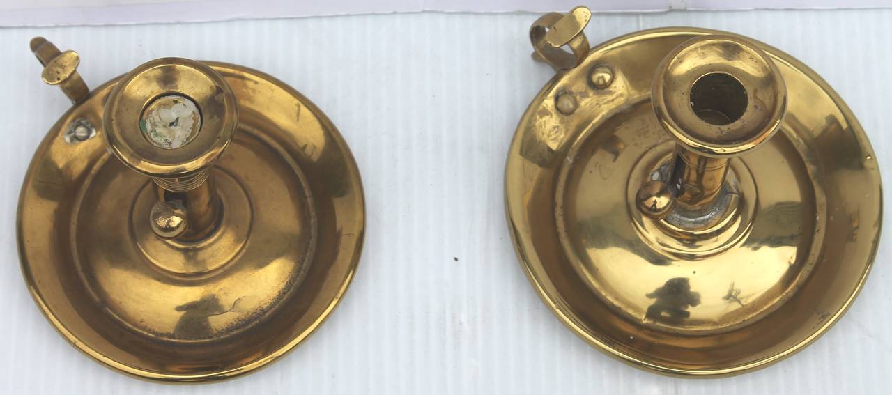 American Classical Pair of 19th Century Brass Push-Up Candleholders