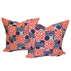 19THC RED & BLUE PATCHWORK AMERICAN WOVEN COVERLET PILLOWS