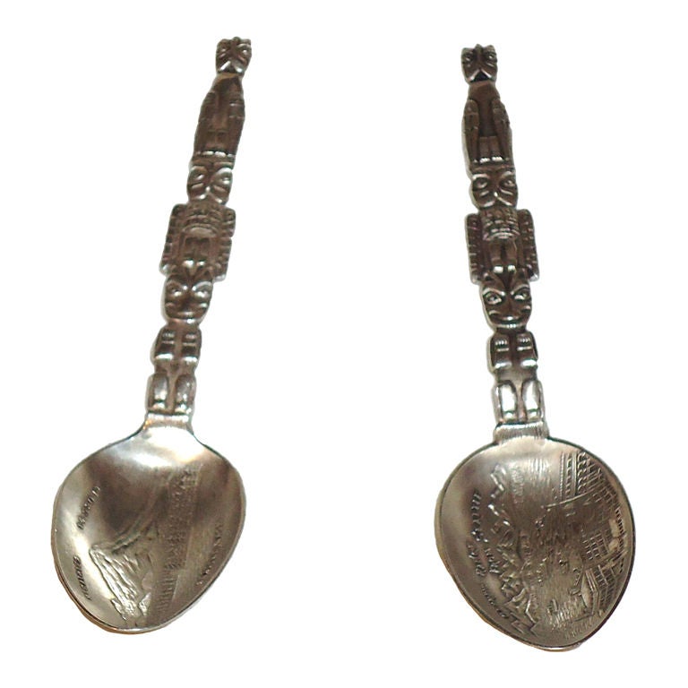 PAIR OF STERLING SILVER "INDIAN TOTEM POLE" SPOONS/SEATTLE, WASH.