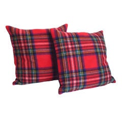 1940'S SCOTTISH PLAID WOOL  BLANKET PILLOWS W/ BLUE BLANKET BACK