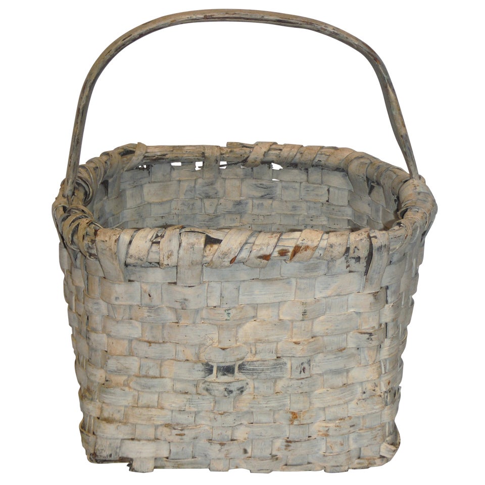 19th Century Original Cream Painted Handmade Basket from New England