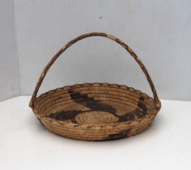 This most unusual Papago Indian basket has a wonderful webbed handle. The base or inset has a whirling log pattern and original webbed edge is in great as found condition. This basket is in very good condition. Great addition to any American Indian