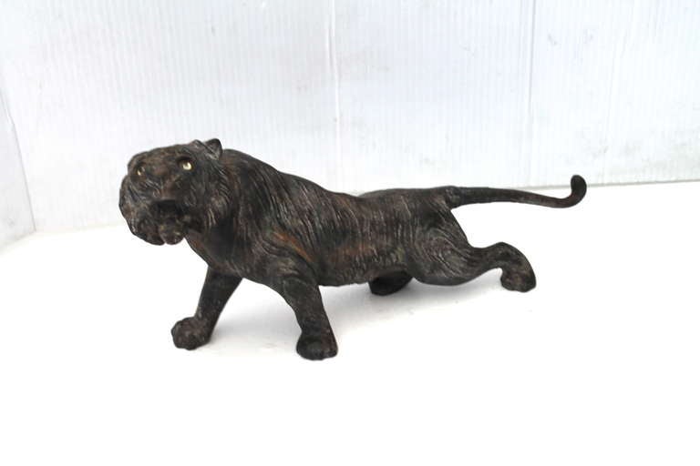 American Rare 19th Century Iron Tiger Door Stop with Glass Eyes