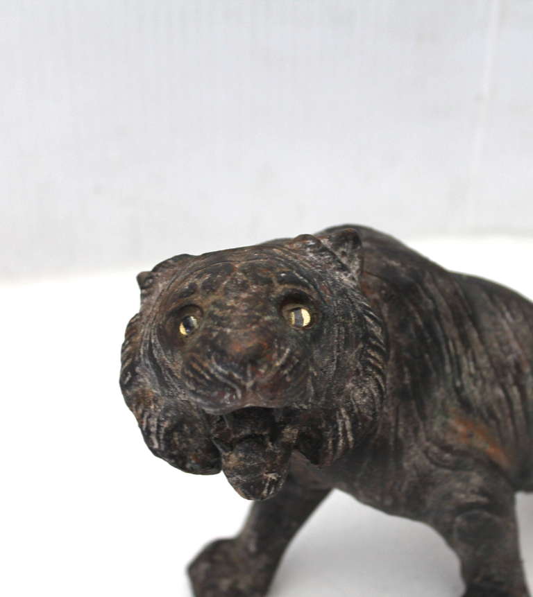 Rare 19th Century Iron Tiger Door Stop with Glass Eyes In Excellent Condition In Los Angeles, CA