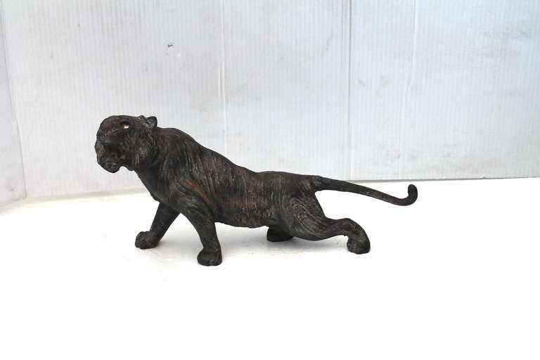 Rare 19th Century Iron Tiger Door Stop with Glass Eyes 1