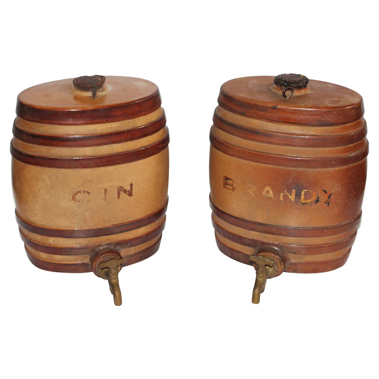 Pair of 19th Century Pottery Gin and Brandy Kegs with Original Brass Spigot