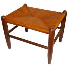 Early 20th Century Handmade Stool with Woven Rattan Seat