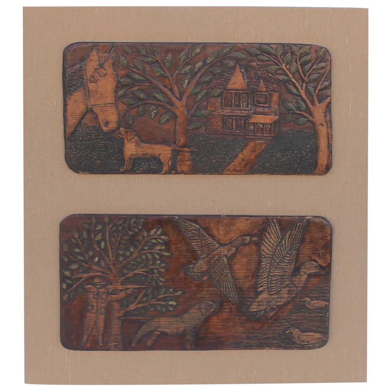 Pair of Folk Carved and Painted Wood Plaques on Board For Sale at 1stdibs