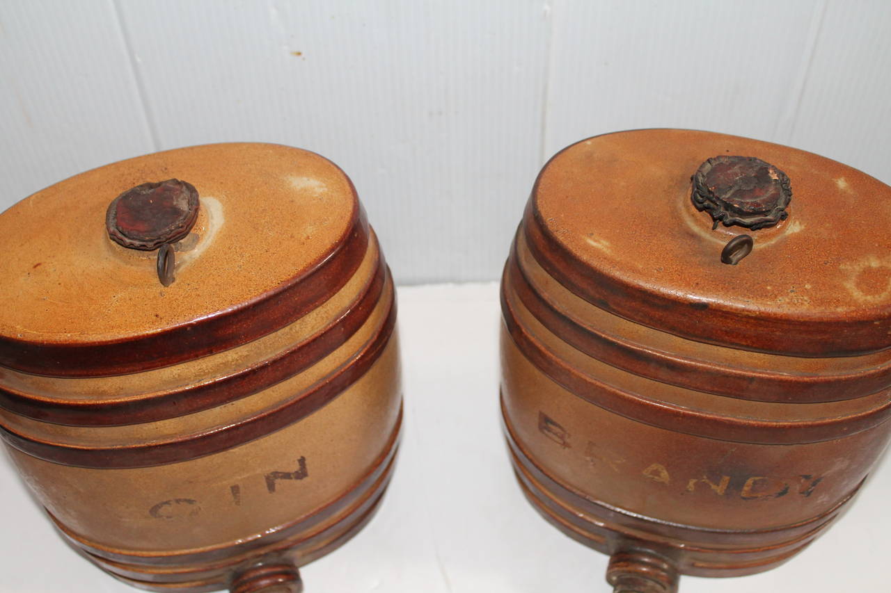 American Classical Pair of 19th Century Pottery Gin and Brandy Kegs with Original Brass Spigot