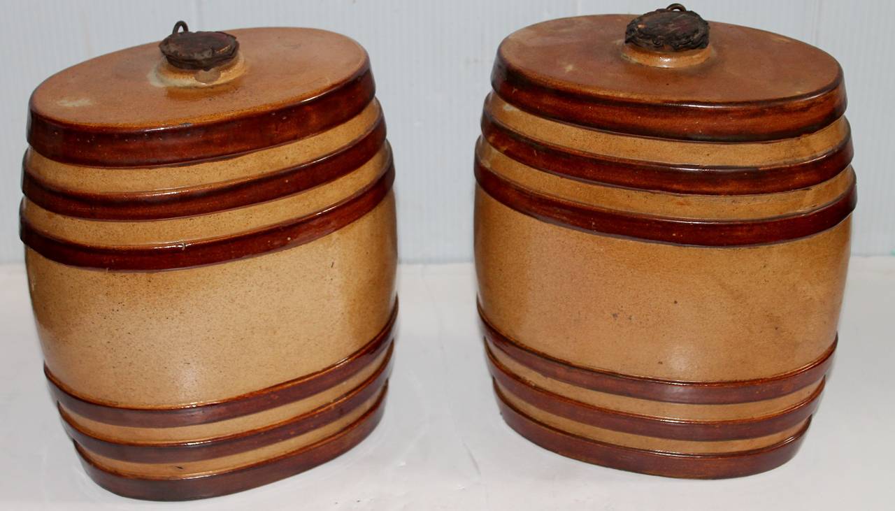 Hand-Painted Pair of 19th Century Pottery Gin and Brandy Kegs with Original Brass Spigot