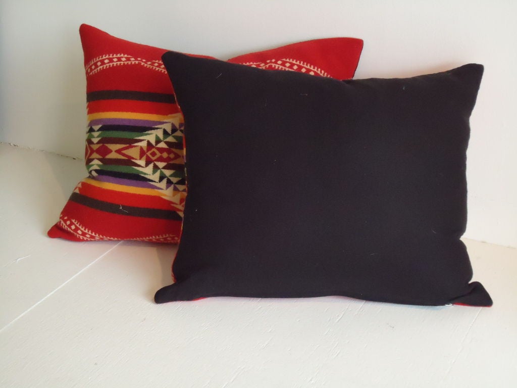 American Pair Of Wool Pendleton Blanket Pillows W/black Linen Backing