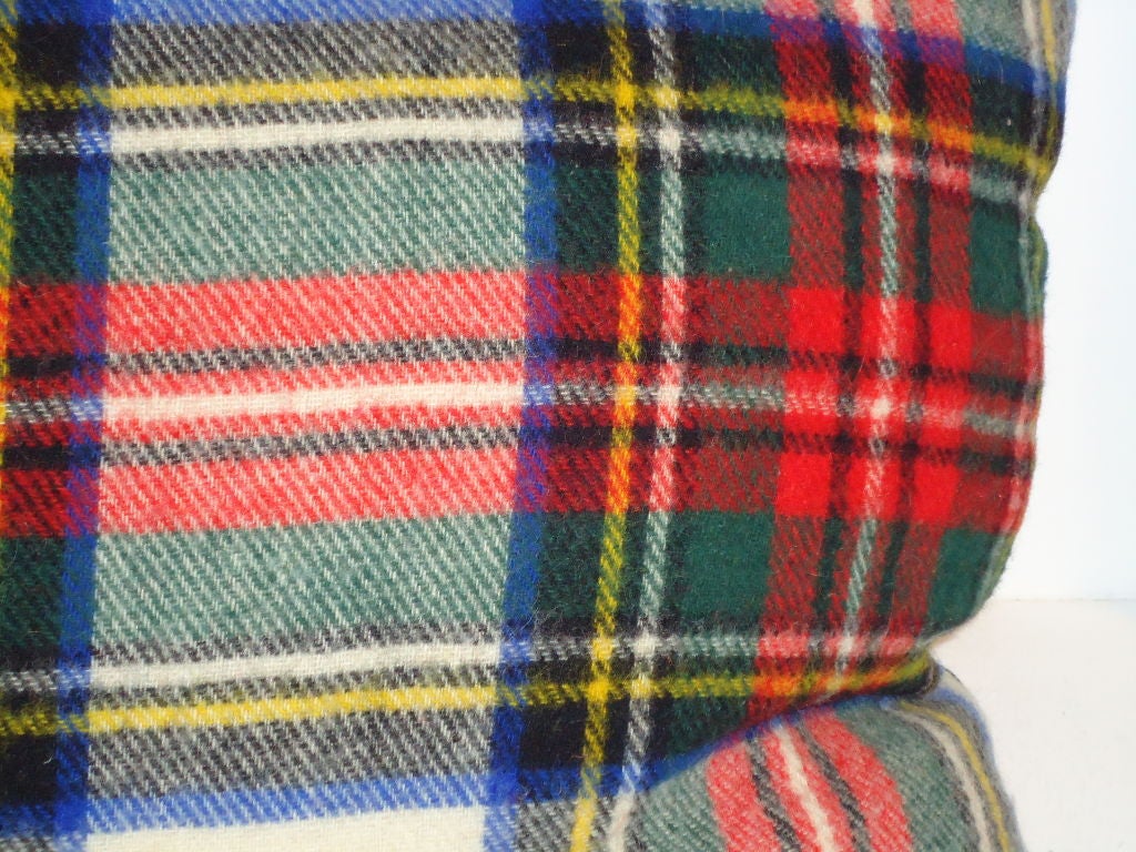 1930'S RED,GREEN,YELLOW,BLUE,CREAM WOOL PLAID BLANKET PILLOWS WITH BLACK LINEN BACKING IN GREAT CONDITION.SOLD AS A PAIR FOR 695. TOTAL FOUR AVALABLE.