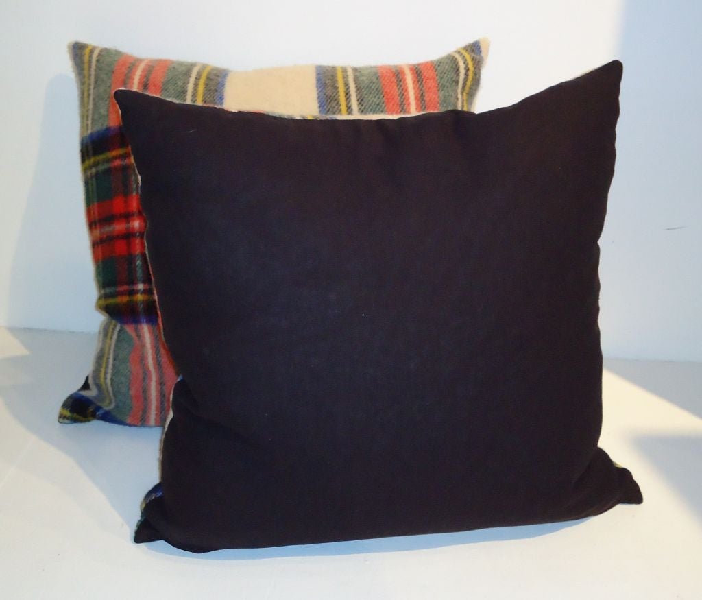 American 1930'S WOOL SCOTTISH PLAID BLANKET PILLOWS W/BLACK LINEN BACKING