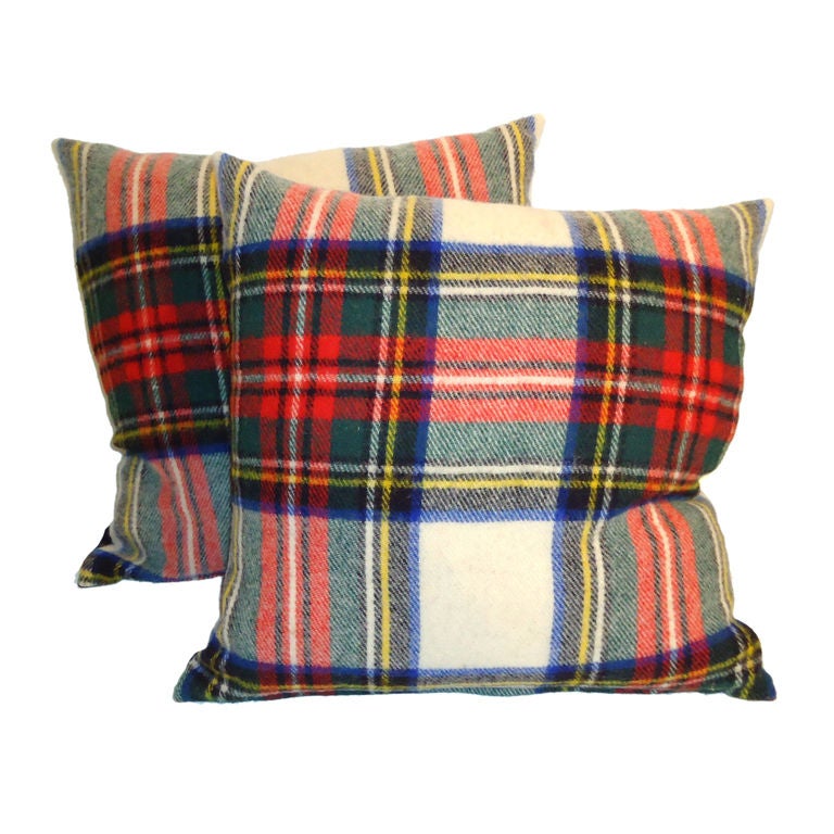 1930'S WOOL SCOTTISH PLAID BLANKET PILLOWS W/BLACK LINEN BACKING