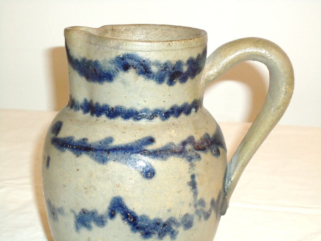 American Rare & Early 19thc Decorated Salt Glaze Stoneware Pitcher/penna.