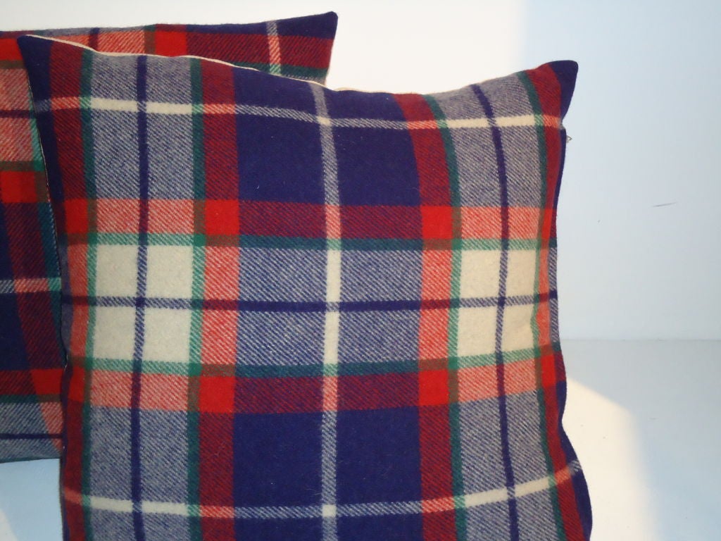 Wool blue and red with cream plaid pillows. Linen on back is cream linen. 
