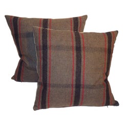 1930's Brown & Red Plaid Blanket Pillows W/tan Linen Back