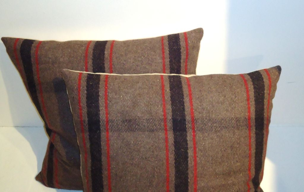 American 1930's Brown & Red Plaid Blanket Pillows W/tan Linen Back