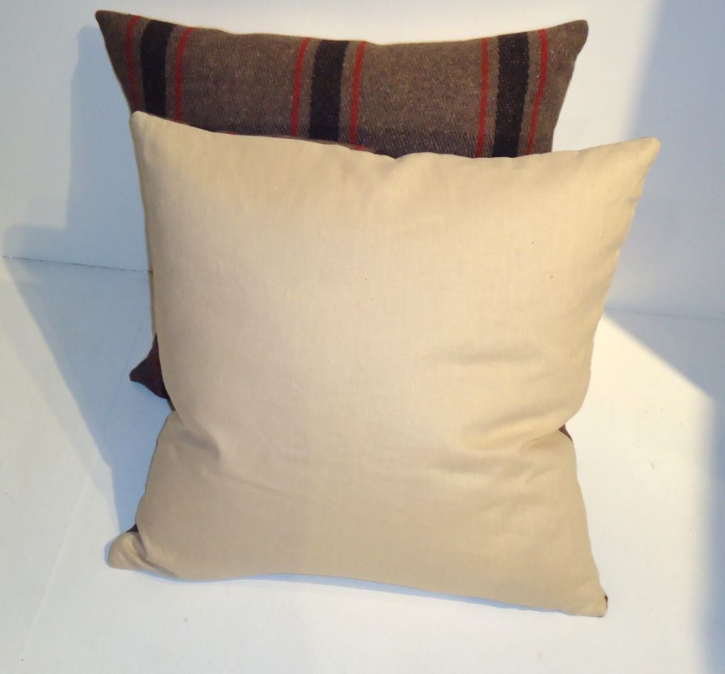 Mid-20th Century 1930's Brown & Red Plaid Blanket Pillows W/tan Linen Back