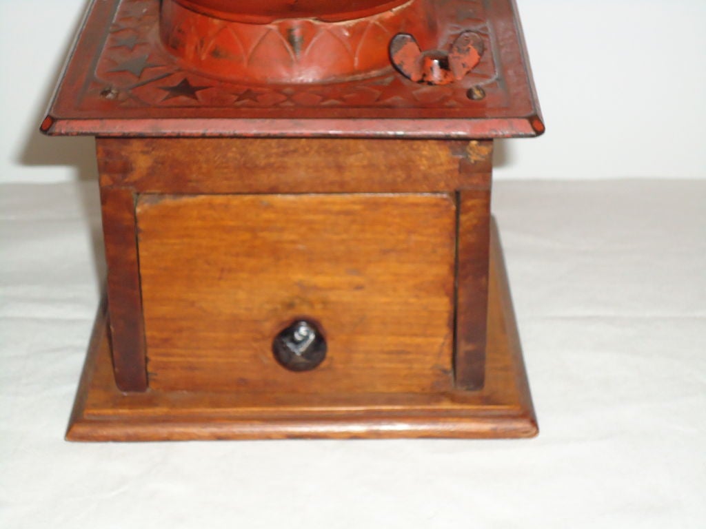 American Early 19thc  Large Original Painted Coffee Grinder W/iron Top