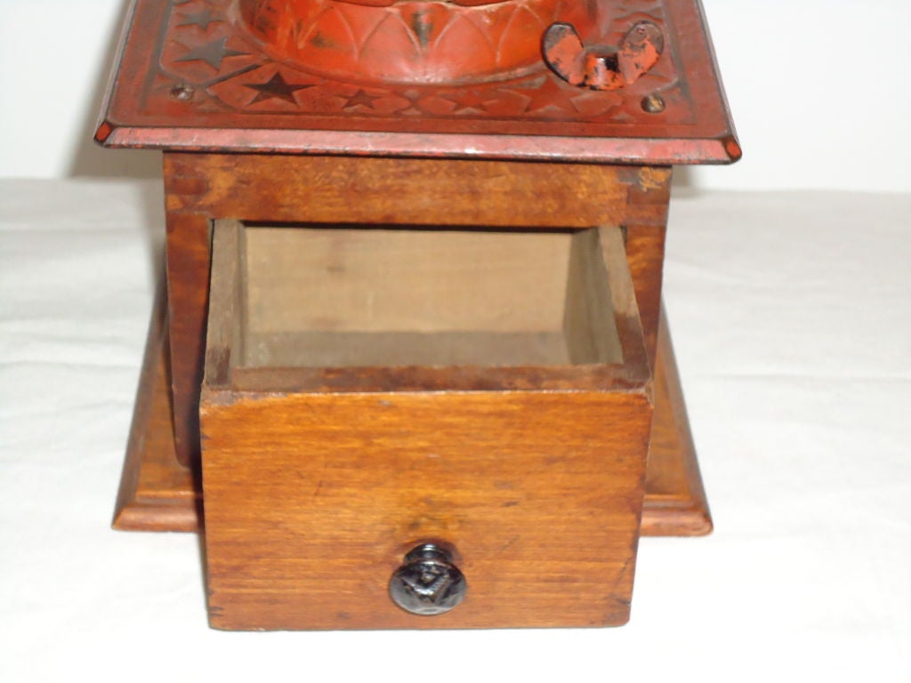 19th Century Early 19thc  Large Original Painted Coffee Grinder W/iron Top