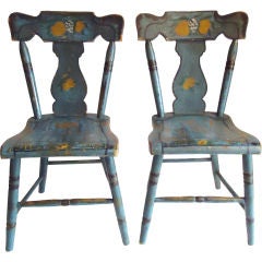 Antique 19thc Original Blue Painted & Decorated Pair Of Side Chairs