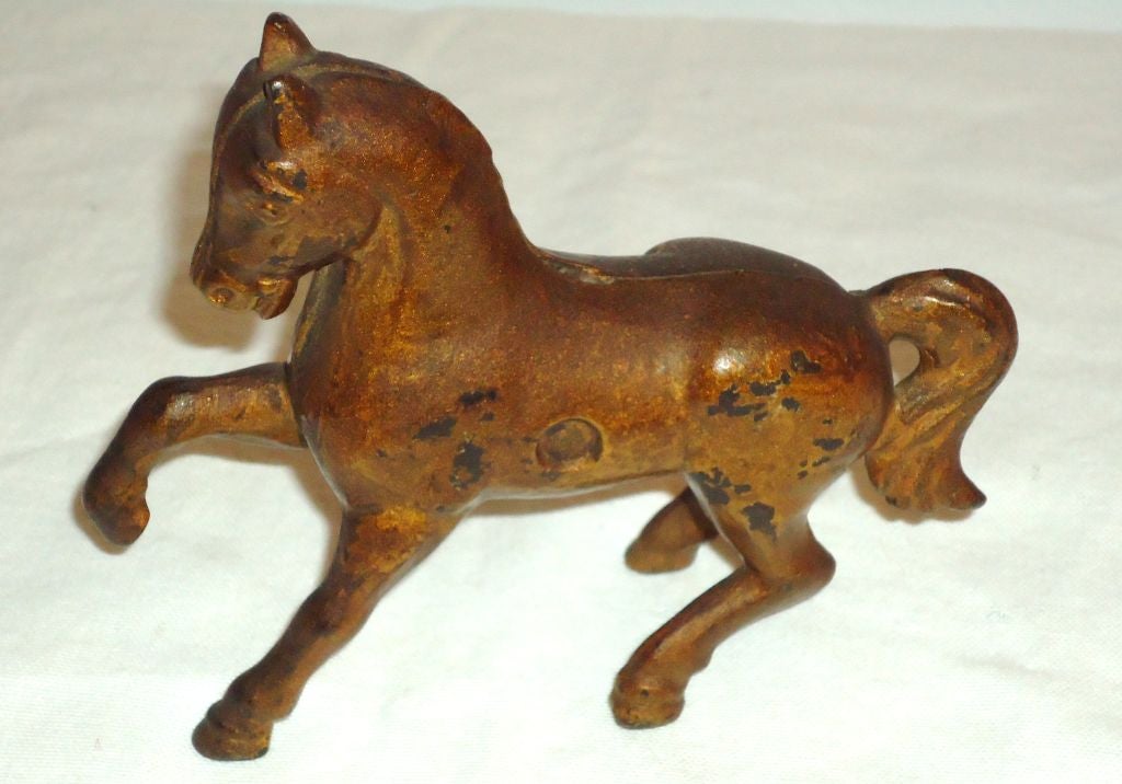 19th Century 19thc Original Gilded/painted Horse Cast Iron Penny Bank