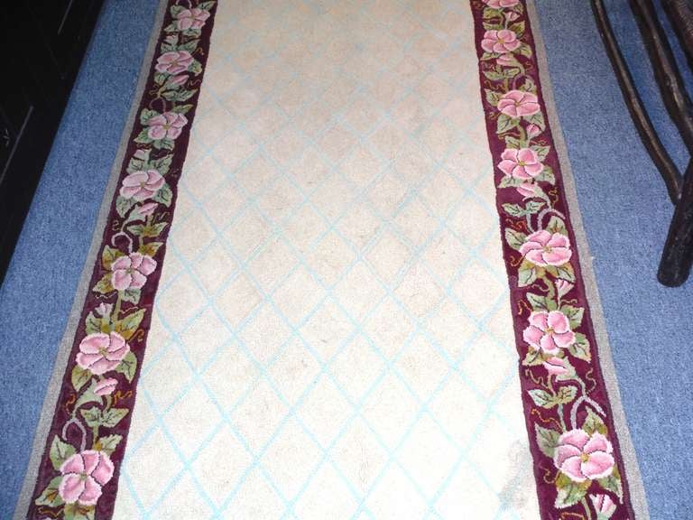 American Hand-Hooked Floral Border Runner Rug from New England For Sale 5