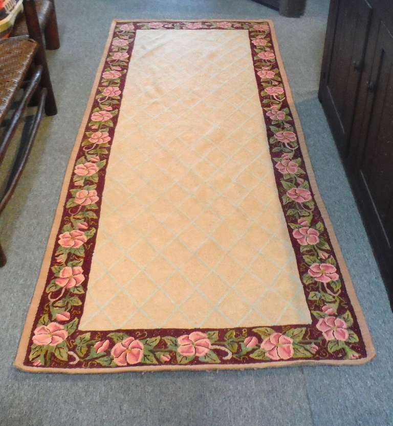 American Hand-Hooked Floral Border Runner Rug from New England For Sale 4