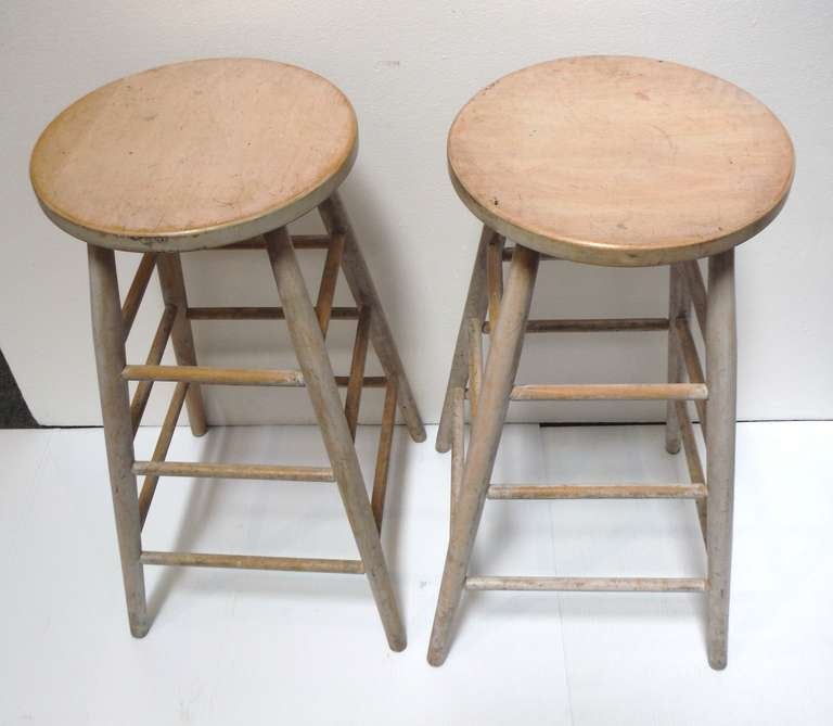 American Early 19th Century Original White Painted Shaker Style Tall Bar Stools