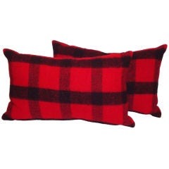Vintage Red & Black Blanket Bolster Pillows W/ Linen Backing ( pair)