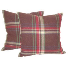 Early 20thc Wool Plaid Blanket Pillows W/linen Backing