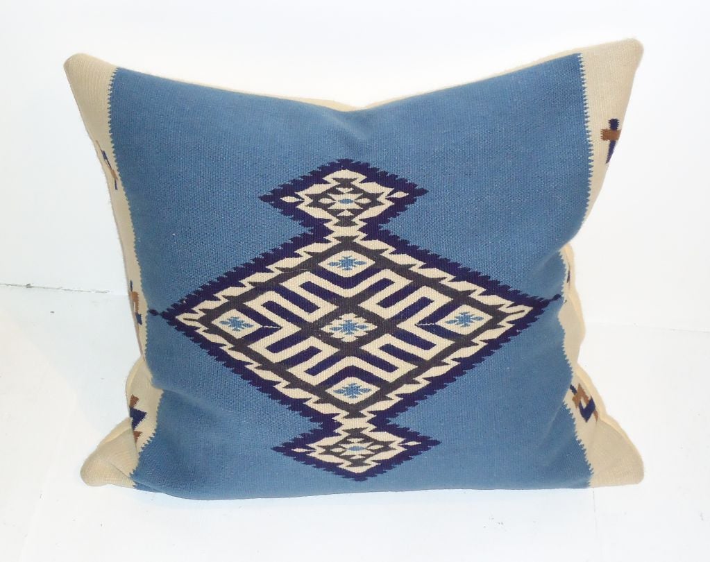 Large Texcoco Indian Weaving Pillow W/ Cream Wool Blanket Back