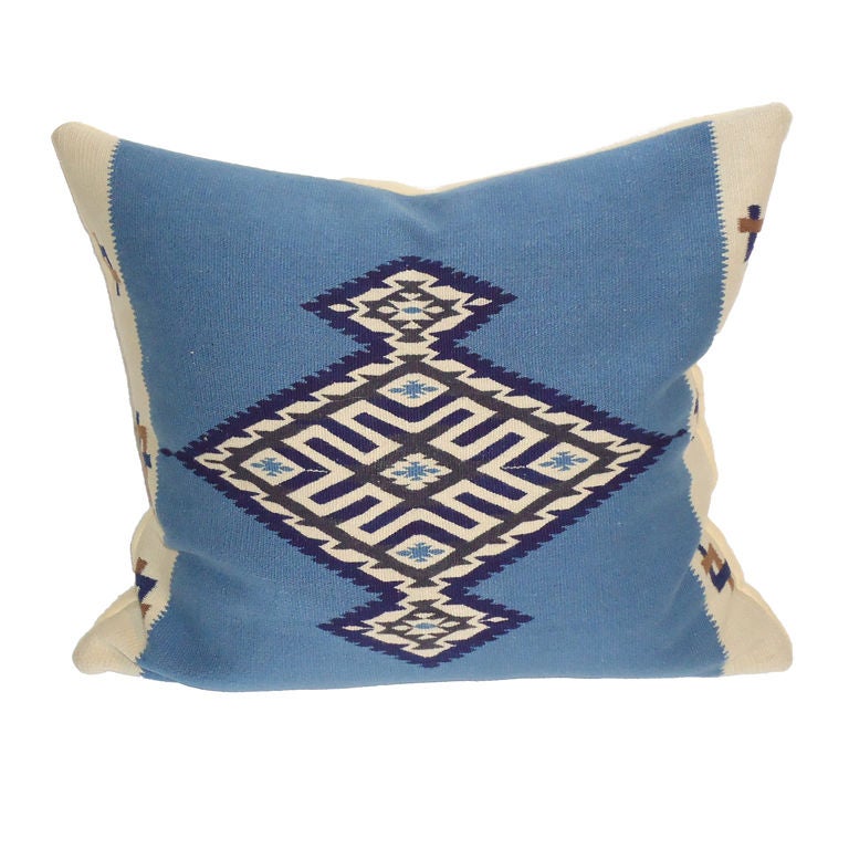 Large Texcoco Indian Weaving Pillow W/ Cream Wool Blanket Back