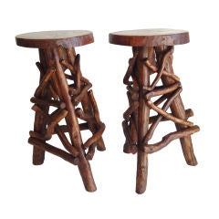 Pair Of Folky  Rustic Early 20thc   Handmade Bar Stools