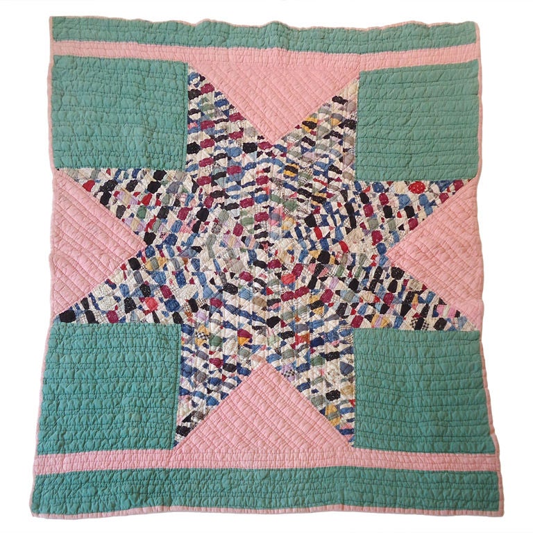 Folky Small Pieced Eight Point Star Quilt from Ohio