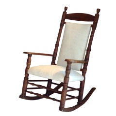 19thc Rustic Rocking Chair W/ 19thc Homespun Linen Seat & Back