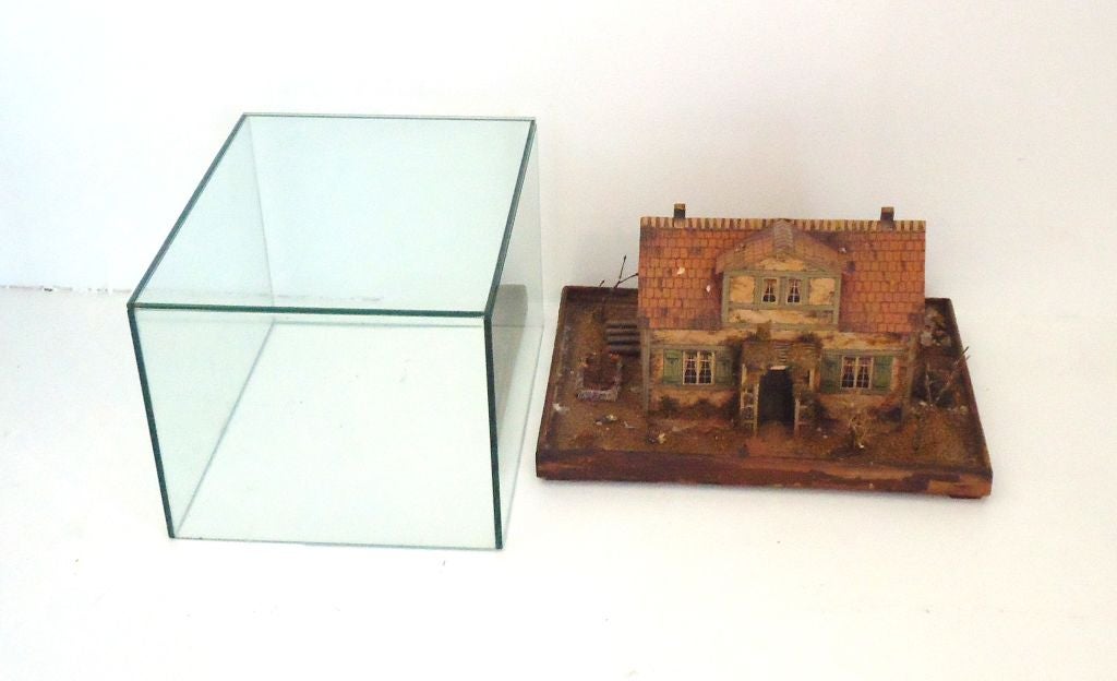 American Fantastic 19thc Model Folky House Of Paper & Wood Under Glass