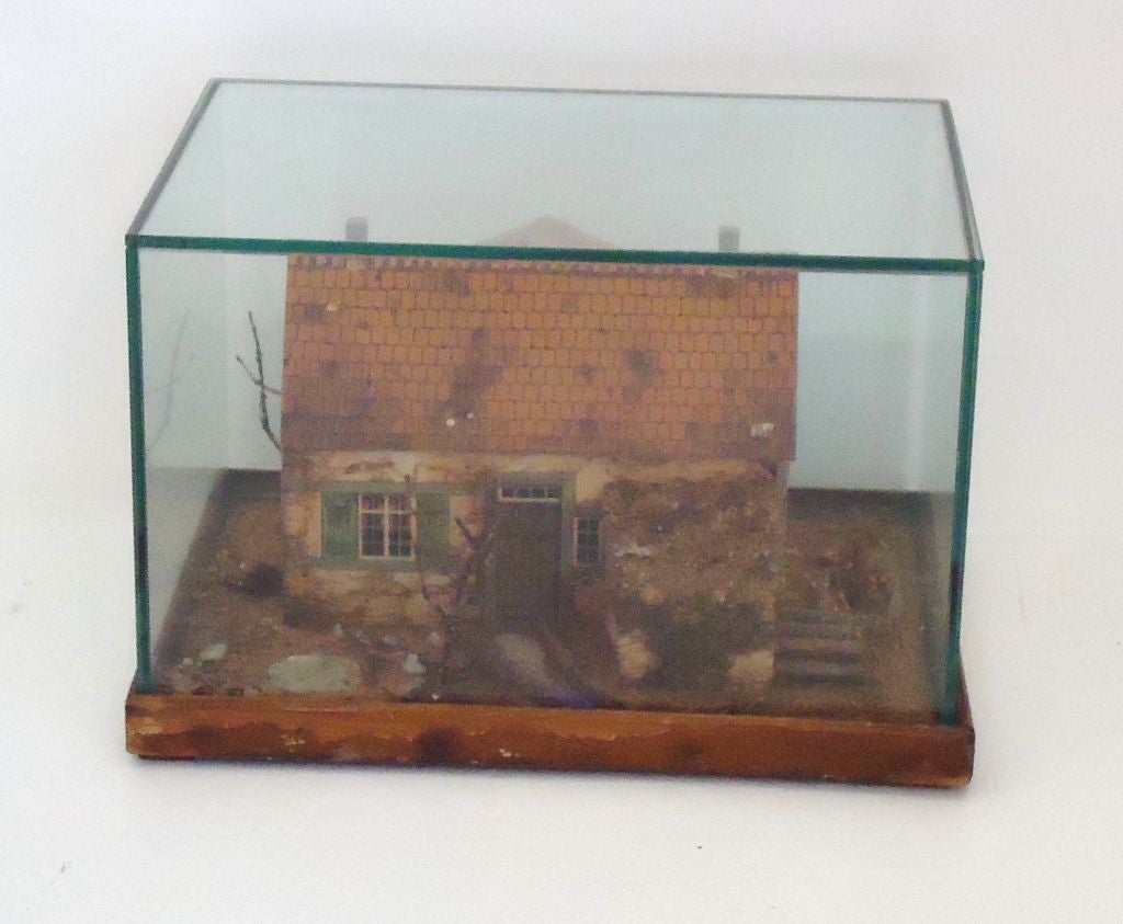 19th Century Fantastic 19thc Model Folky House Of Paper & Wood Under Glass