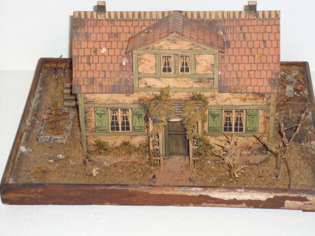 Fantastic 19thc Model Folky House Of Paper & Wood Under Glass 1