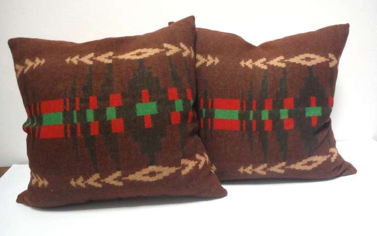 Wool Early Pendleton Indian Design Camp Blanket  Pillows, Pair