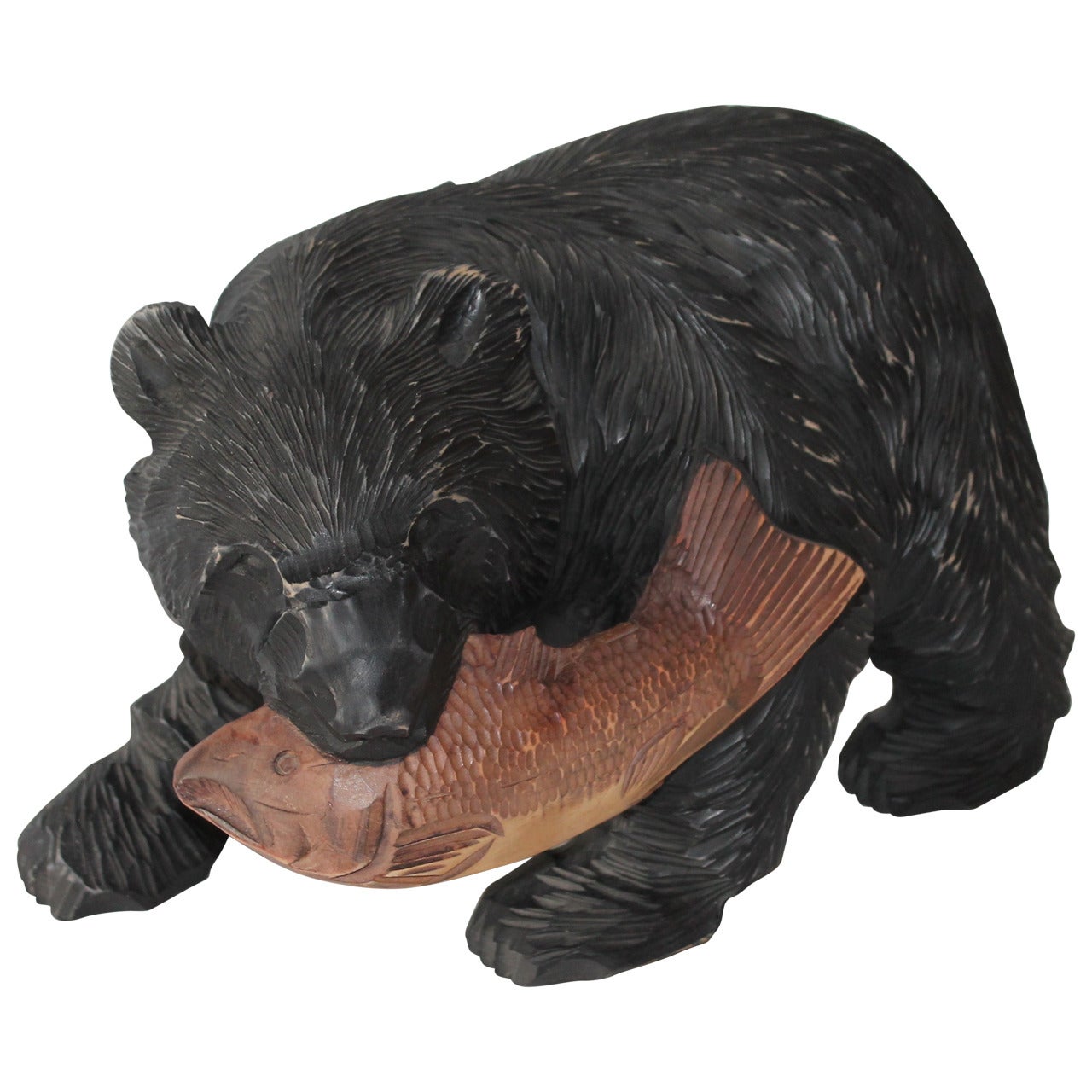 Large Hand-Carved and Painted Wood Black Bear Sculpture