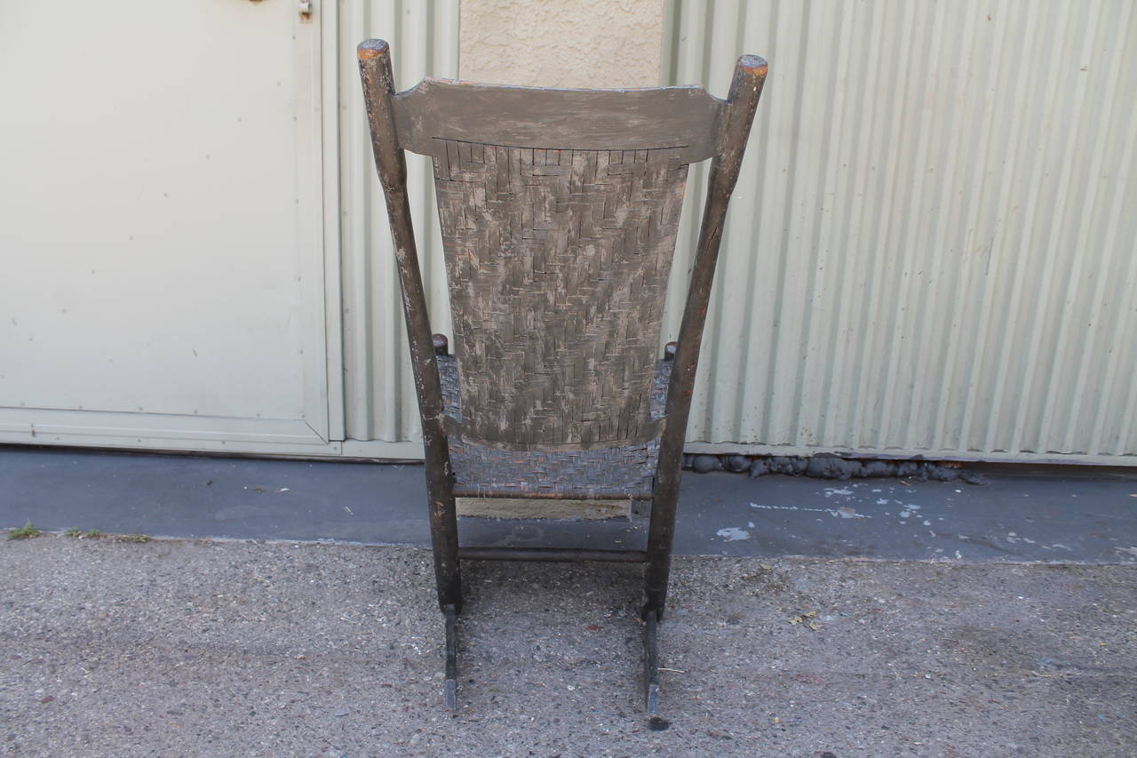 Pine Early 19th Century Original Grey Painted N.E. Tall Back Rocking Chair For Sale