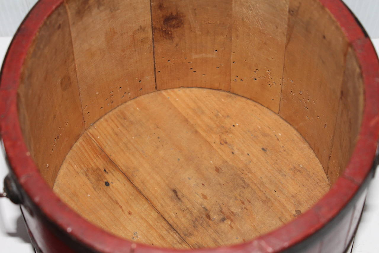 19th Century Original Brick Red Shaker Style Bucket with Handle