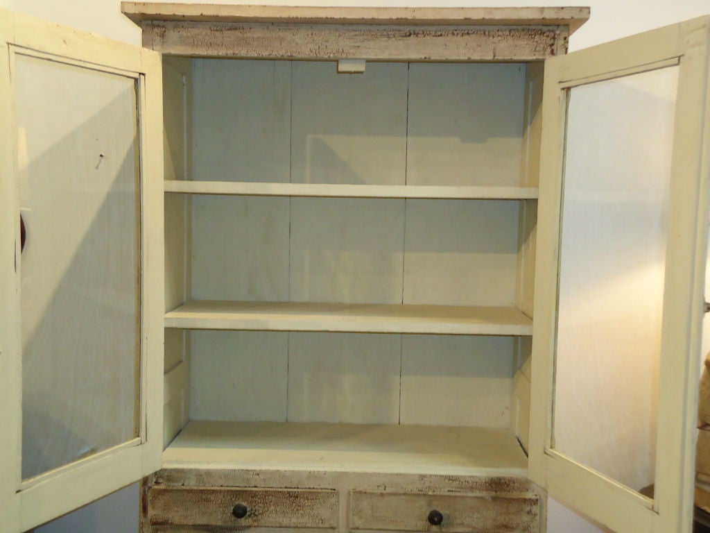 19thc Original Cream Painted Store Cabinet W/original Glass