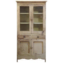Antique 19thc Original Cream Painted Store Cabinet W/original Glass
